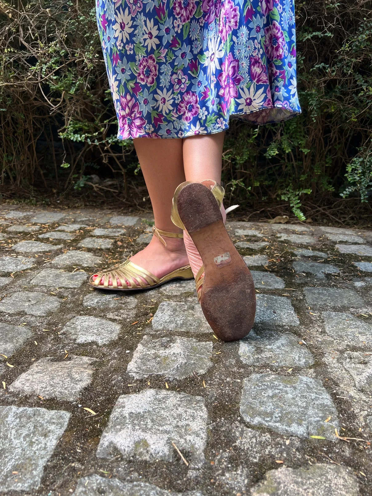 1930s Russell and Bromley Gold Low Wedge Sandal 39.5
