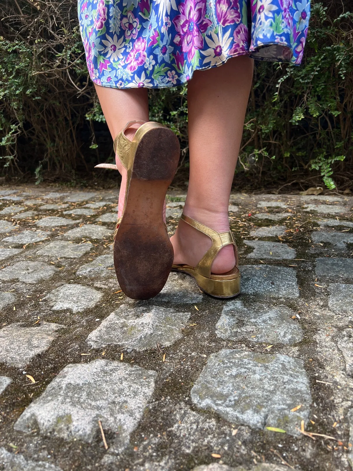 1930s Russell and Bromley Gold Low Wedge Sandal 39.5