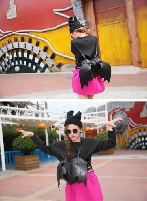 Black Heart Lace Fringed Bat Wing Angel Backpack Kawaii Harajuku Goth Punk Rock Devil Halloween Cosplay PU Leather Mochila