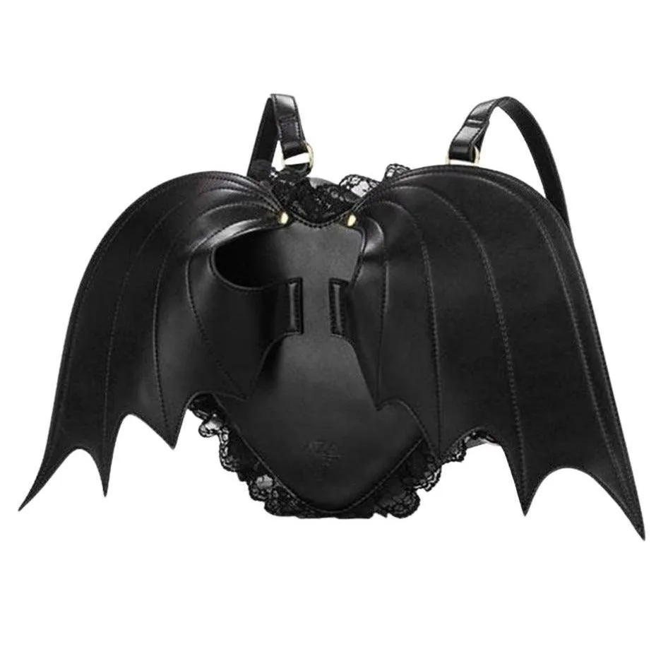 Black Heart Lace Fringed Bat Wing Angel Backpack Kawaii Harajuku Goth Punk Rock Devil Halloween Cosplay PU Leather Mochila