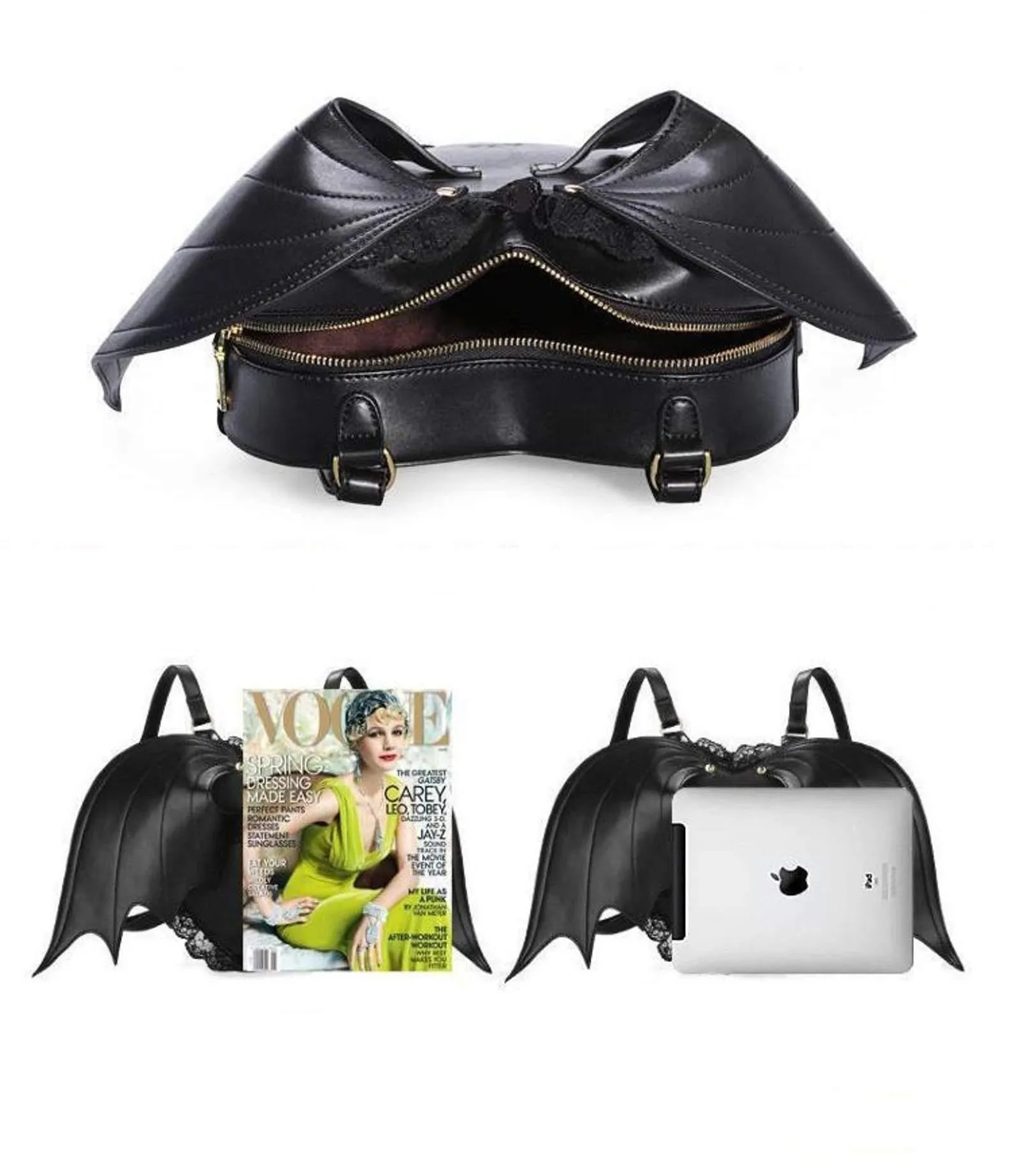 Black Heart Lace Fringed Bat Wing Angel Backpack Kawaii Harajuku Goth Punk Rock Devil Halloween Cosplay PU Leather Mochila