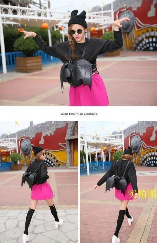 Black Heart Lace Fringed Bat Wing Angel Backpack Kawaii Harajuku Goth Punk Rock Devil Halloween Cosplay PU Leather Mochila