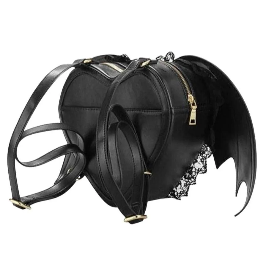 Black Heart Lace Fringed Bat Wing Angel Backpack Kawaii Harajuku Goth Punk Rock Devil Halloween Cosplay PU Leather Mochila