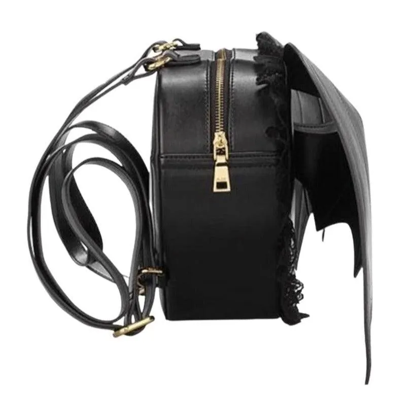 Black Heart Lace Fringed Bat Wing Angel Backpack Kawaii Harajuku Goth Punk Rock Devil Halloween Cosplay PU Leather Mochila