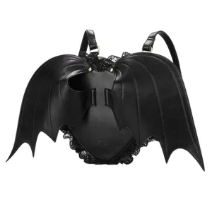 Black Heart Lace Fringed Bat Wing Angel Backpack Kawaii Harajuku Goth Punk Rock Devil Halloween Cosplay PU Leather Mochila