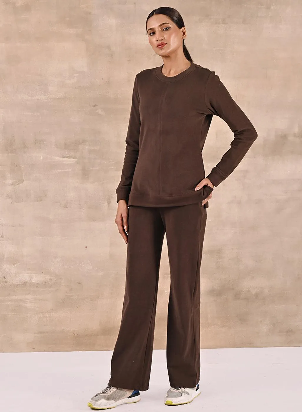Brown Solid Round Neck Track Suit
