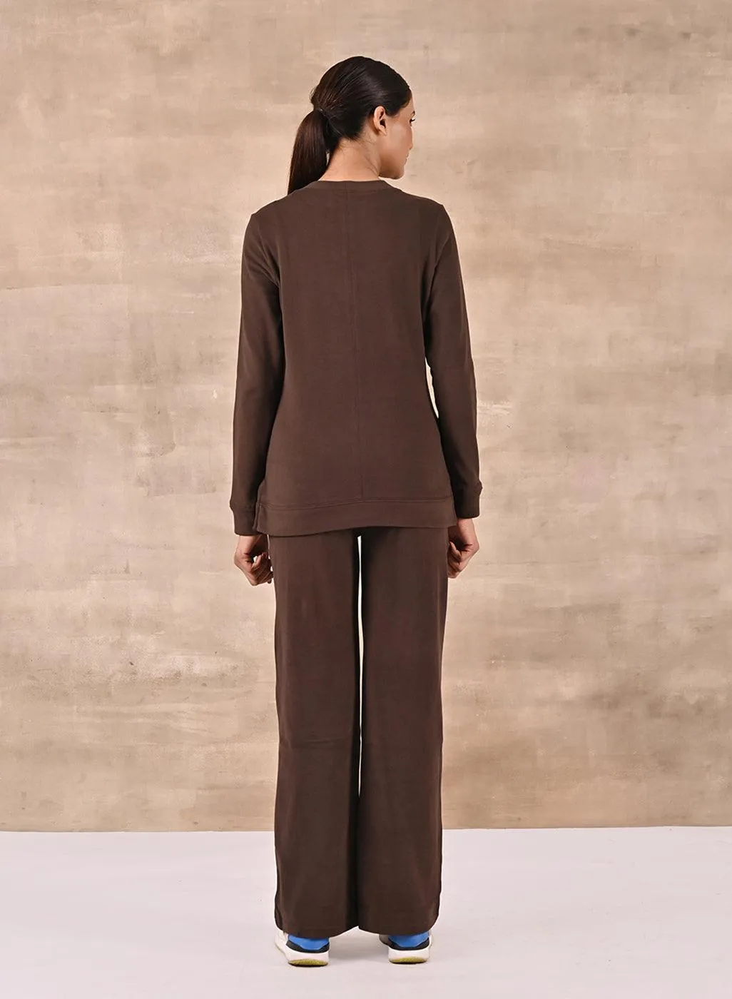 Brown Solid Round Neck Track Suit