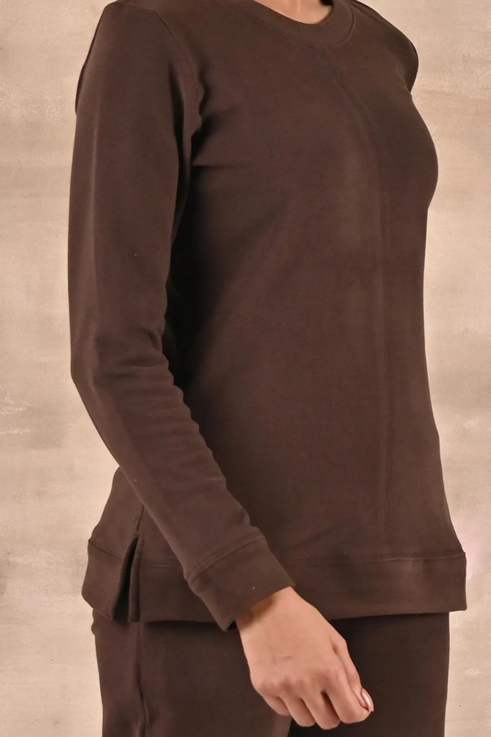 Brown Solid Round Neck Track Suit