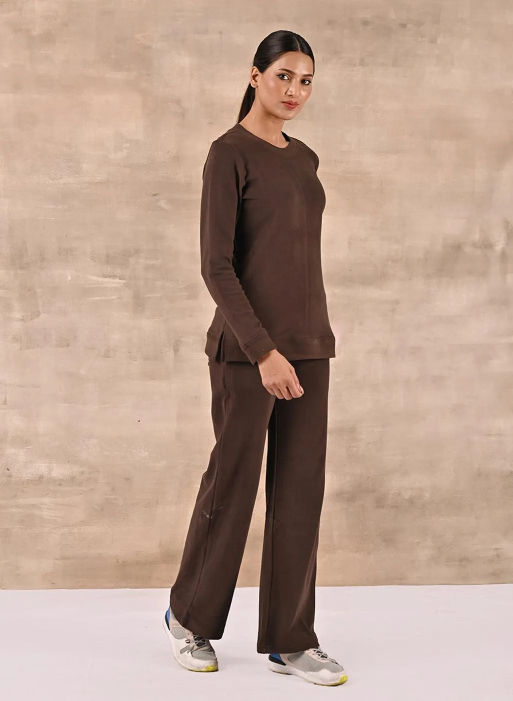 Brown Solid Round Neck Track Suit