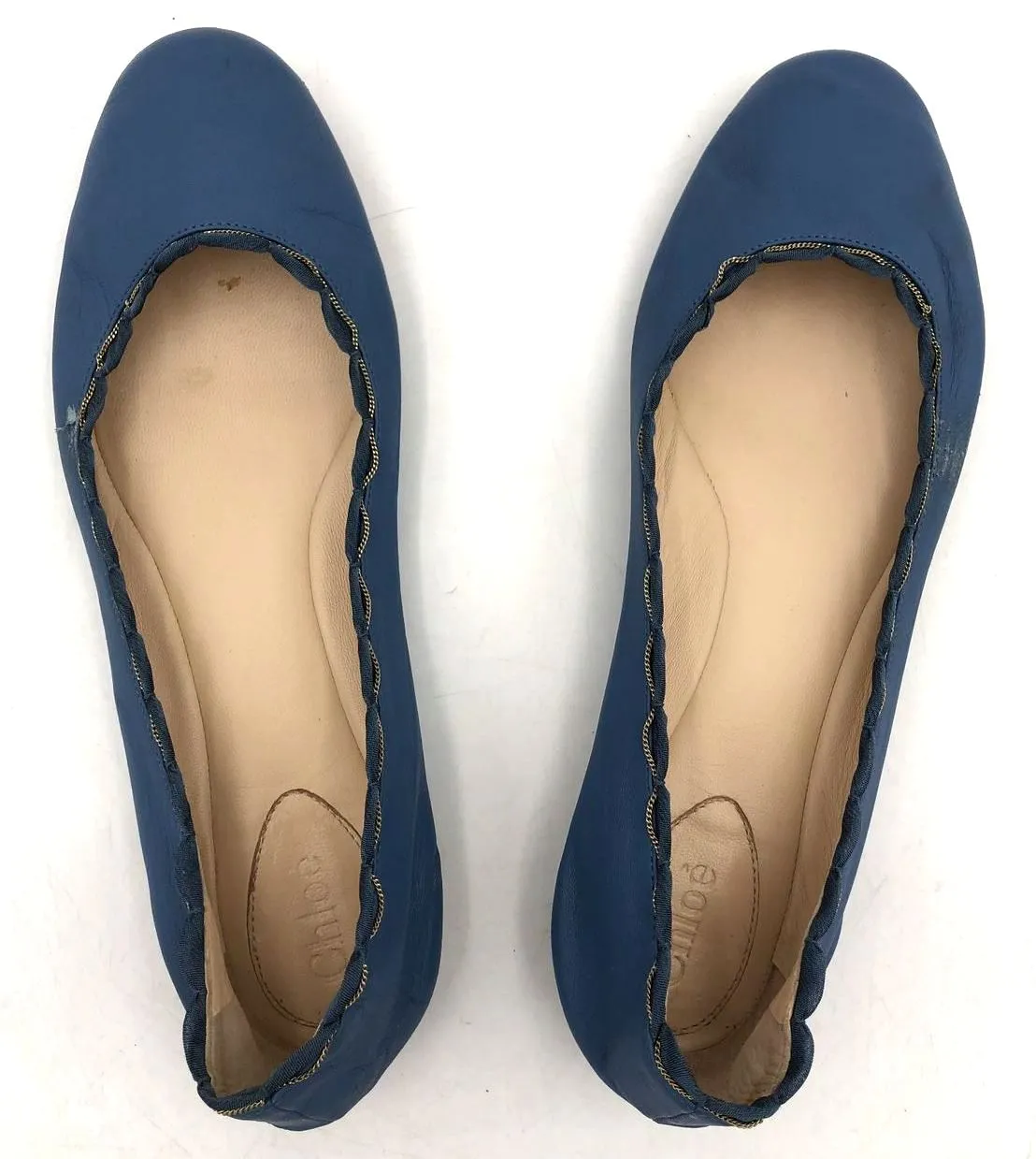 Chloe Women's 'Lauren' Blue Leather Ballet Flats w/ Gold Chain - Size 38 ( COA)