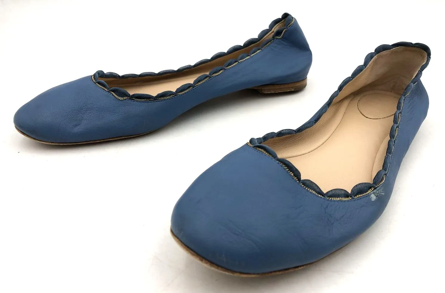 Chloe Women's 'Lauren' Blue Leather Ballet Flats w/ Gold Chain - Size 38 ( COA)