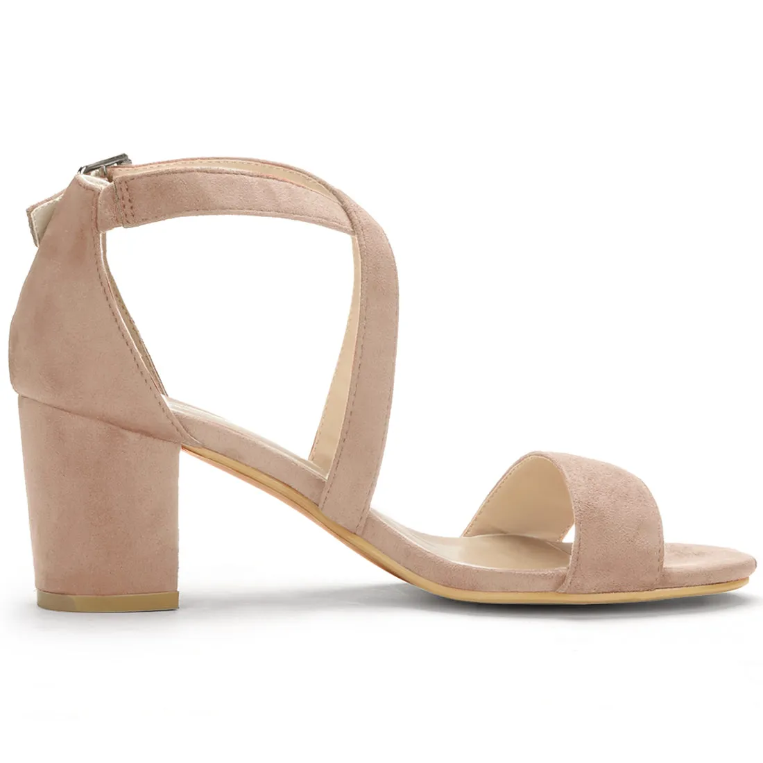 Crisscross Faux Suede Ankle Strap Block Heel Sandals