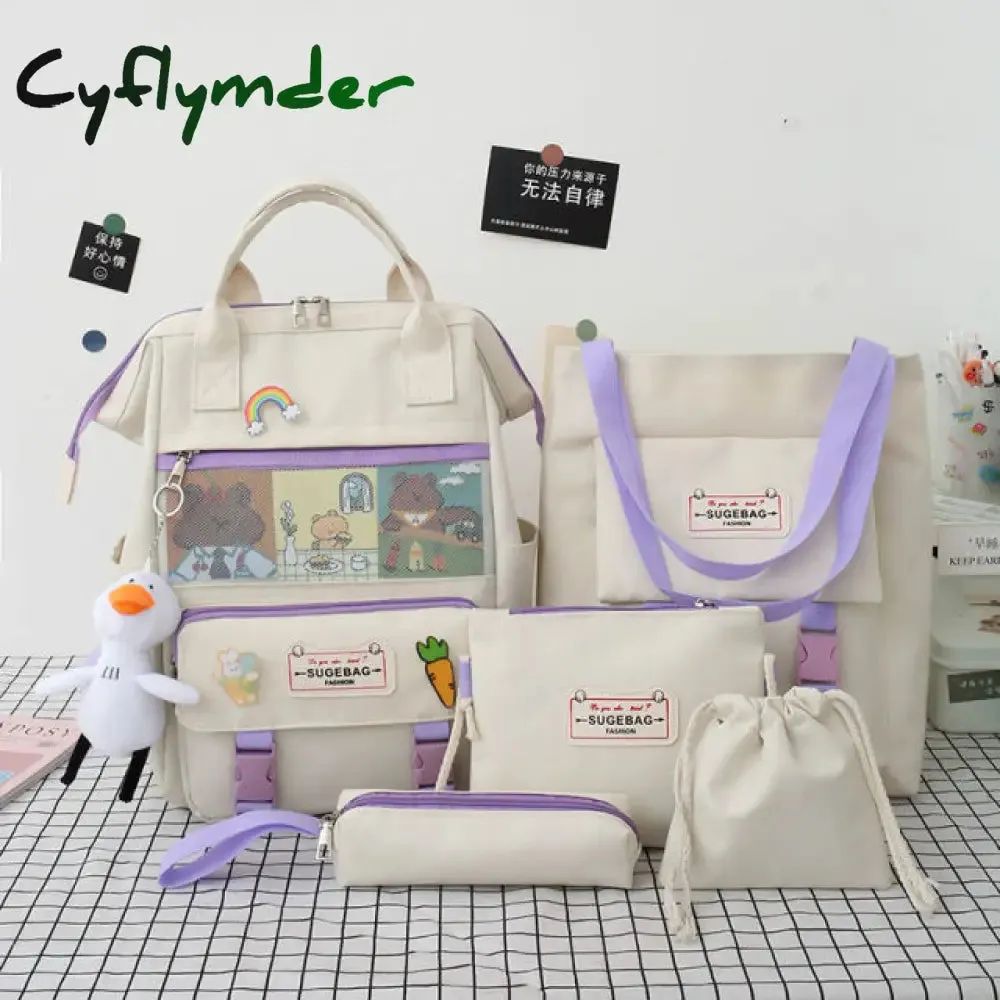 Cyflymder 5Pcs/set Canvas School Backpacks Women Lovely School Bags for Teenage Girls Bookbags Students Travel Shoulder Bags Ladies