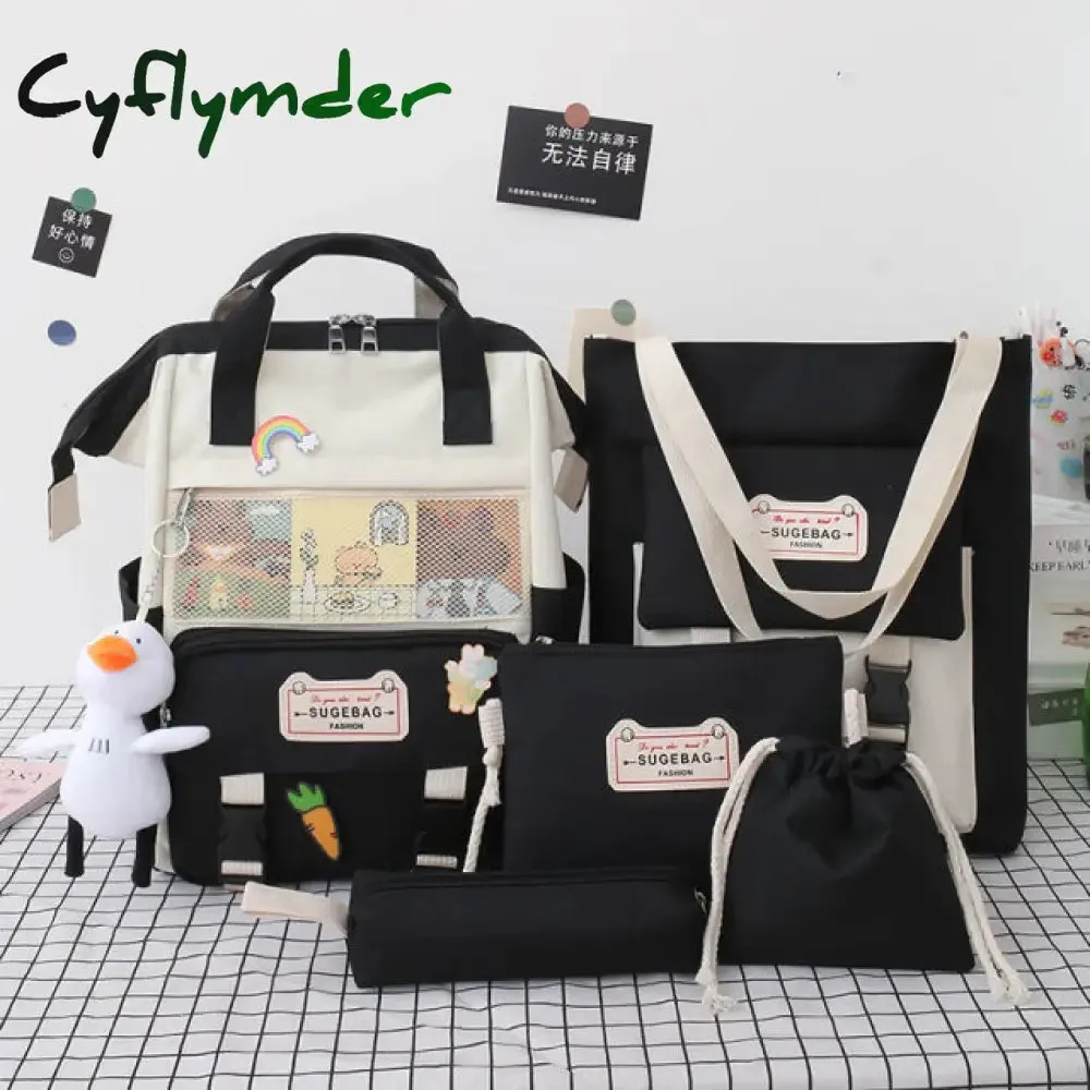 Cyflymder 5Pcs/set Canvas School Backpacks Women Lovely School Bags for Teenage Girls Bookbags Students Travel Shoulder Bags Ladies