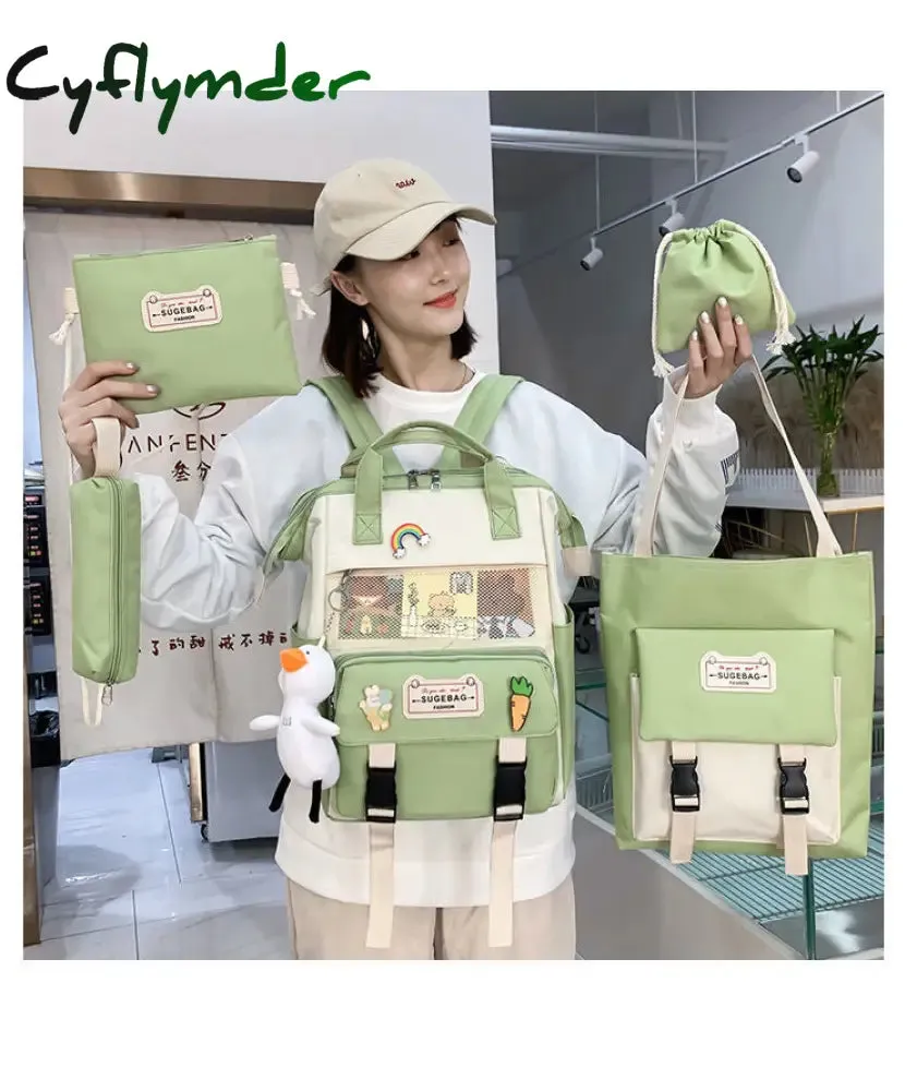 Cyflymder 5Pcs/set Canvas School Backpacks Women Lovely School Bags for Teenage Girls Bookbags Students Travel Shoulder Bags Ladies