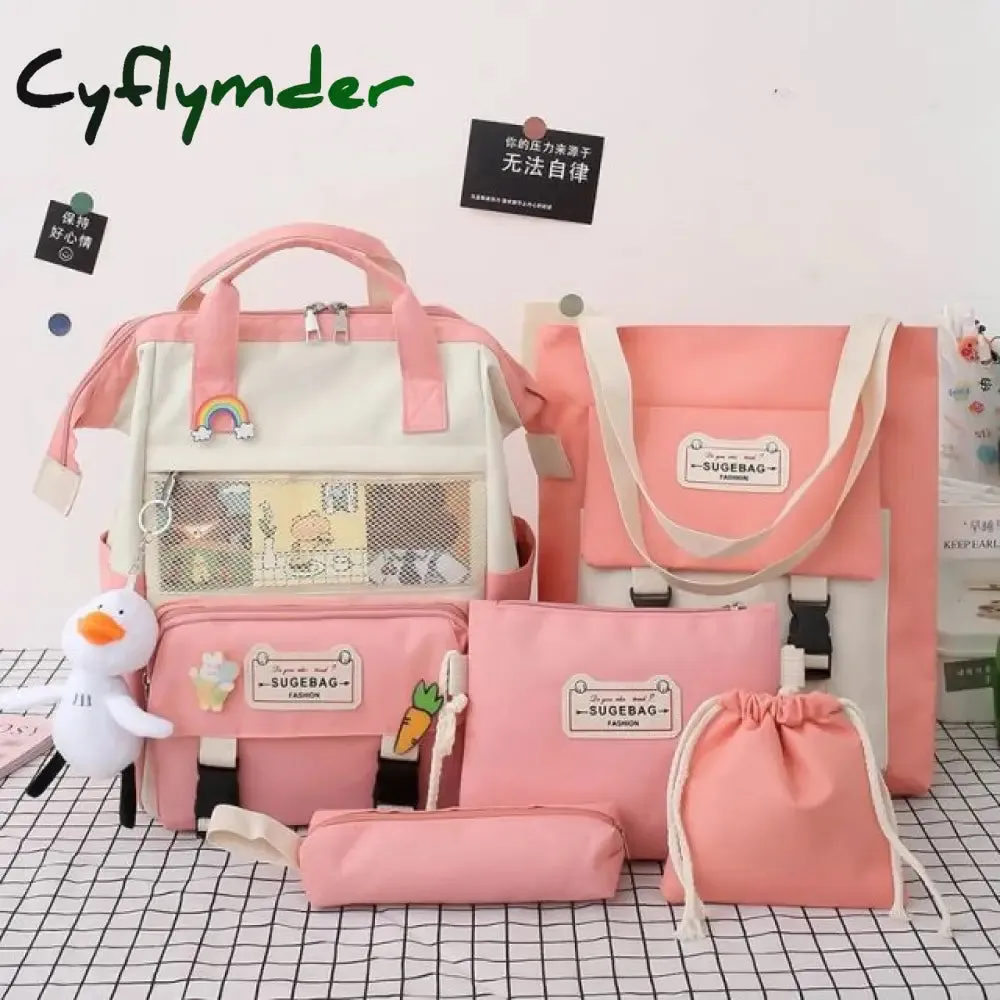 Cyflymder 5Pcs/set Canvas School Backpacks Women Lovely School Bags for Teenage Girls Bookbags Students Travel Shoulder Bags Ladies