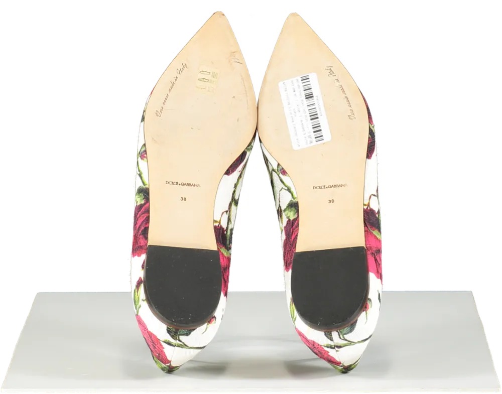 Dolce & Gabbana White Jacquard Rose Print Bellucci Ballet Flats UK 5 EU 38 👠