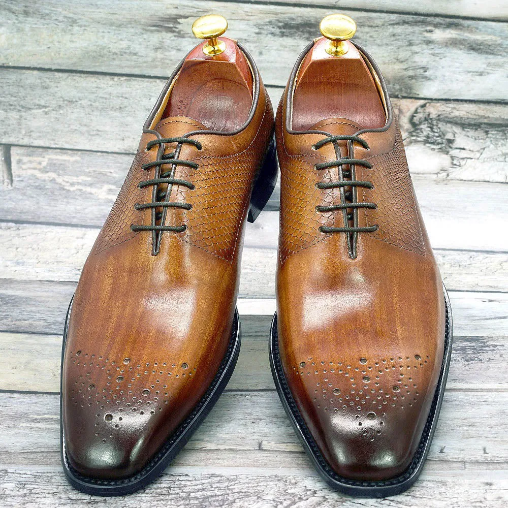 Genuine Leather with Snake Print Pattern Oxford Shoes