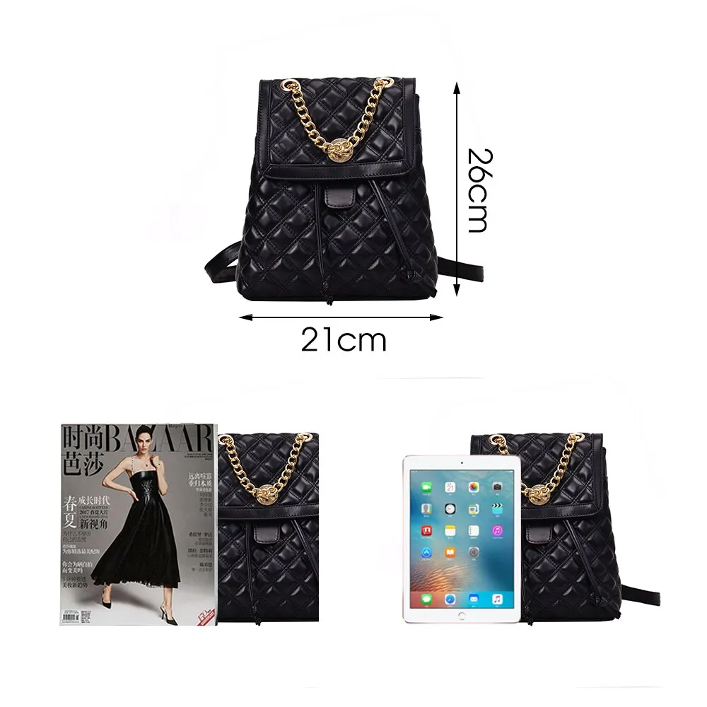 Herald Fashion Women Leather Backpack Plaid School Bag For Teenage Girls Vintage Chain Female Drawstring Travel Bagpack Mochila