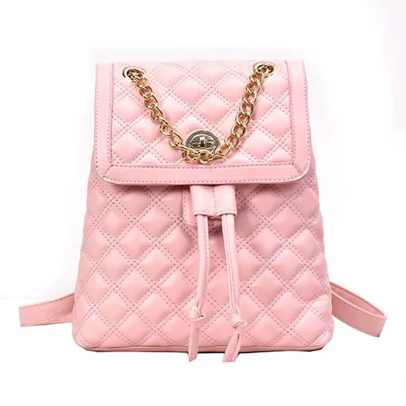Herald Fashion Women Leather Backpack Plaid School Bag For Teenage Girls Vintage Chain Female Drawstring Travel Bagpack Mochila