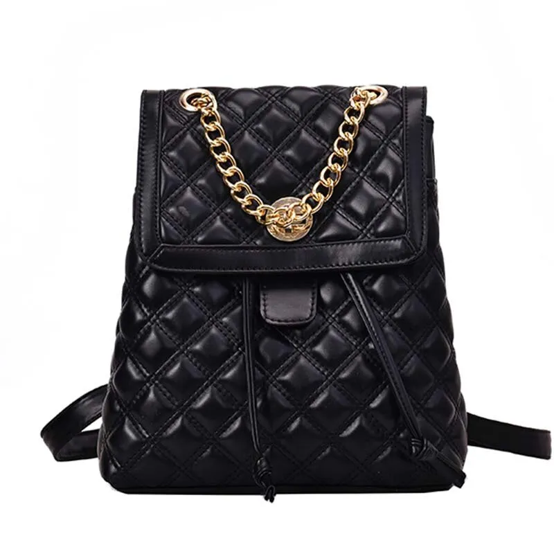 Herald Fashion Women Leather Backpack Plaid School Bag For Teenage Girls Vintage Chain Female Drawstring Travel Bagpack Mochila