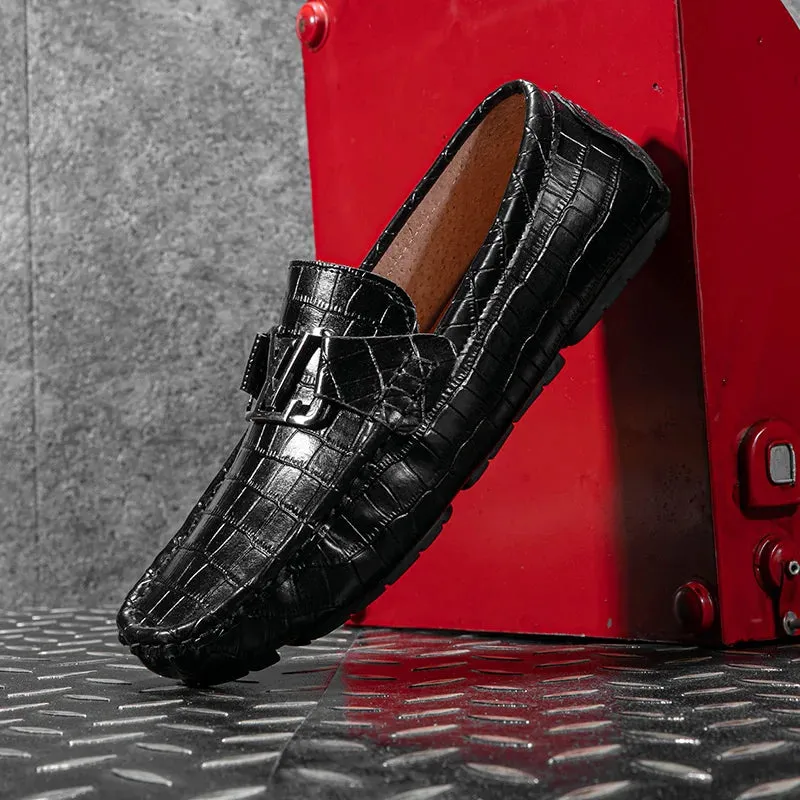 High Quality Genuine Leather Men's Casual Shoes Brand Cowhide Leather Shoes Crocodile Pattern Loafers Ladies Moccasin Flat Shoes