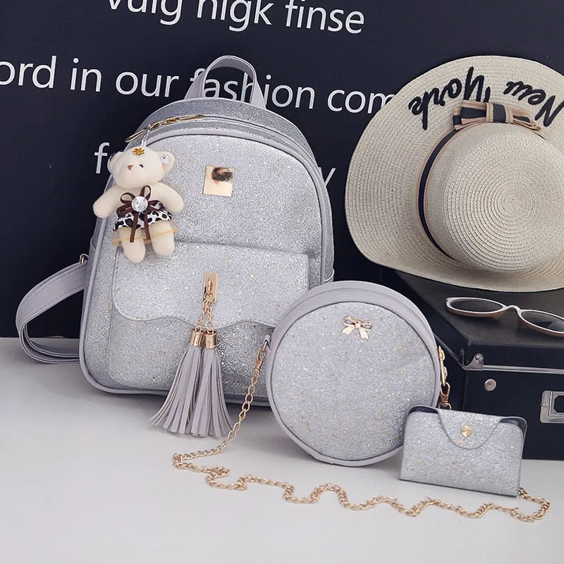 High Quality Women Pu Leather Backpacks Fashion 3 Pieces Set School Bags for Teenager Girls Casual Female Travel Laptop Backpack