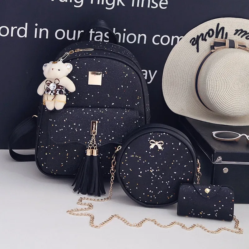 High Quality Women Pu Leather Backpacks Fashion 3 Pieces Set School Bags for Teenager Girls Casual Female Travel Laptop Backpack