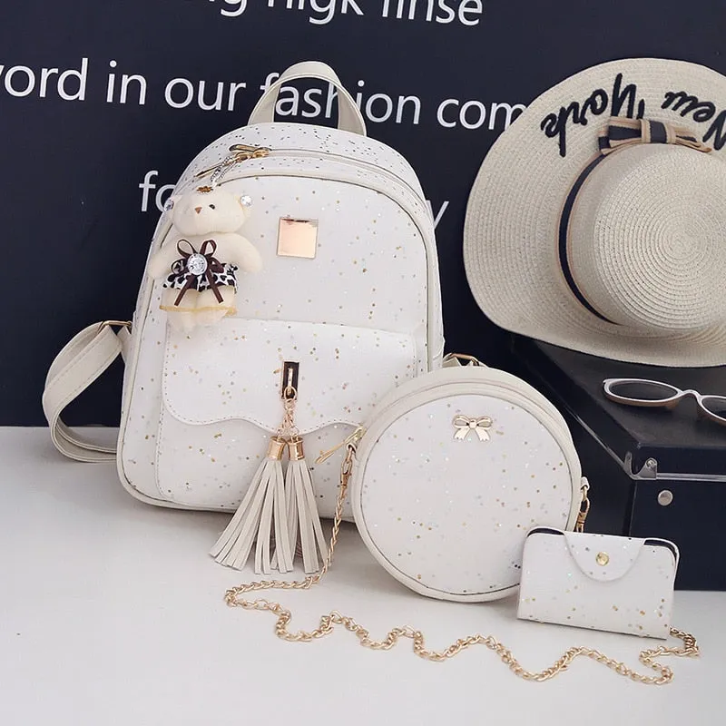 High Quality Women Pu Leather Backpacks Fashion 3 Pieces Set School Bags for Teenager Girls Casual Female Travel Laptop Backpack