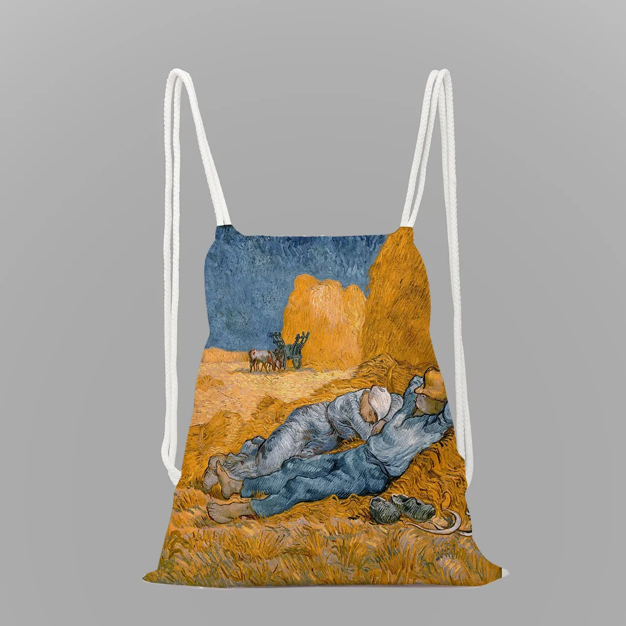 Impressionist oil painting rope drawstring pocket leisure backpack youth storage bag women men travel bag