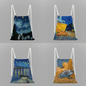 Impressionist oil painting rope drawstring pocket leisure backpack youth storage bag women men travel bag