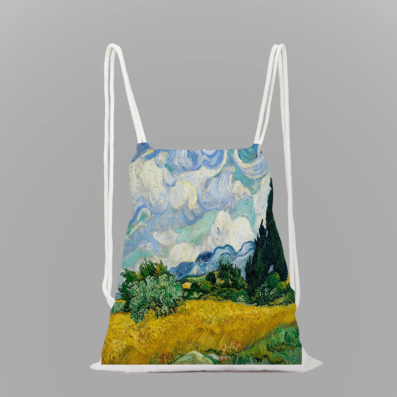 Impressionist oil painting rope drawstring pocket leisure backpack youth storage bag women men travel bag