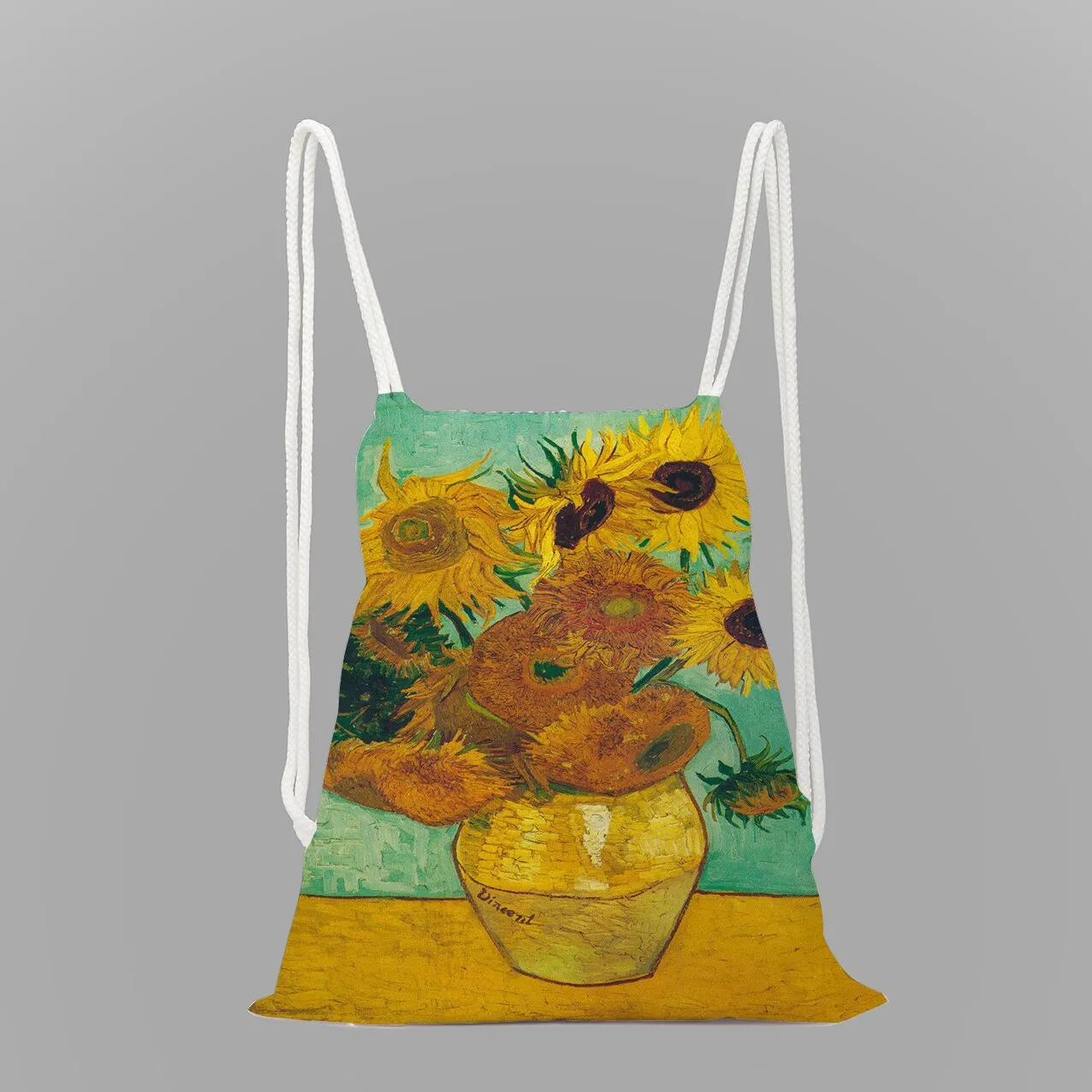 Impressionist oil painting rope drawstring pocket leisure backpack youth storage bag women men travel bag