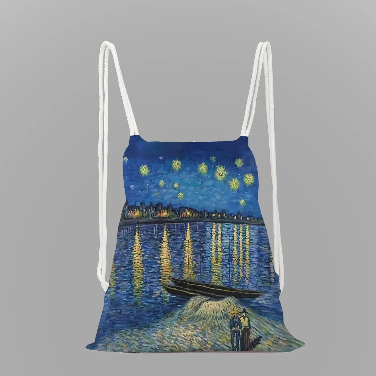 Impressionist oil painting rope drawstring pocket leisure backpack youth storage bag women men travel bag