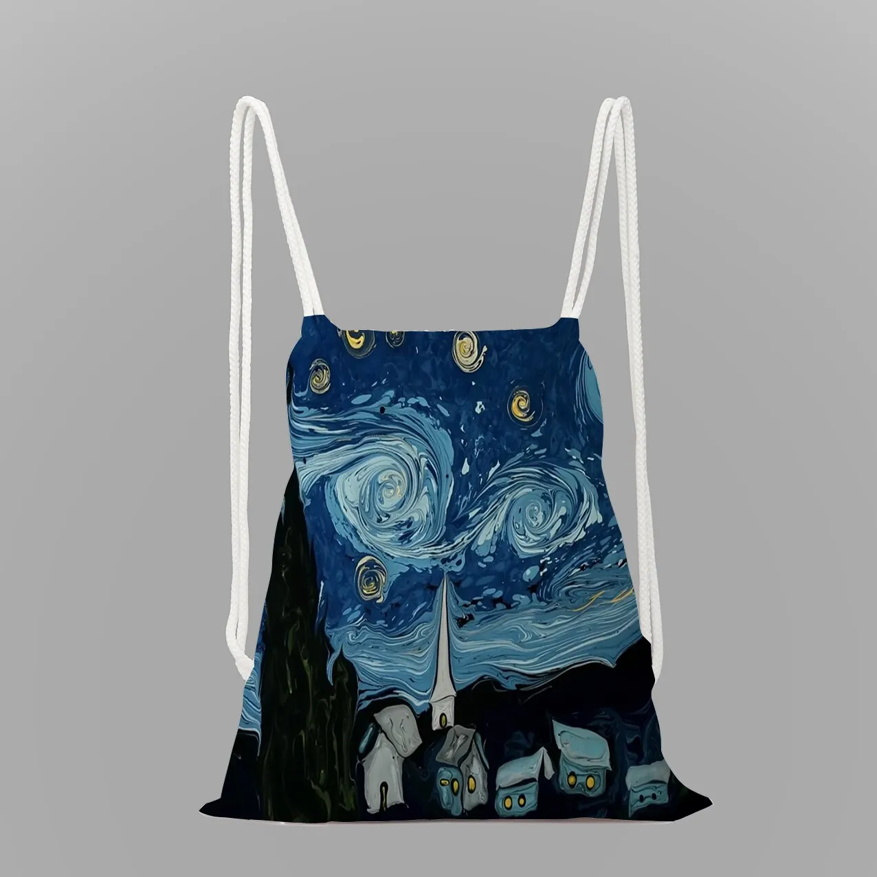 Impressionist oil painting rope drawstring pocket leisure backpack youth storage bag women men travel bag