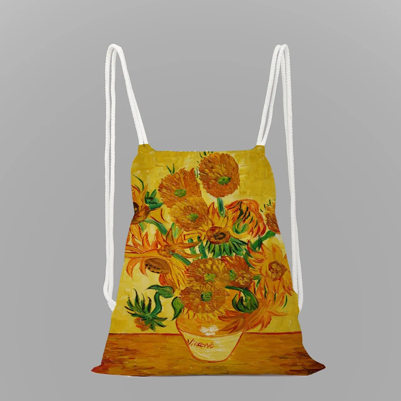 Impressionist oil painting rope drawstring pocket leisure backpack youth storage bag women men travel bag