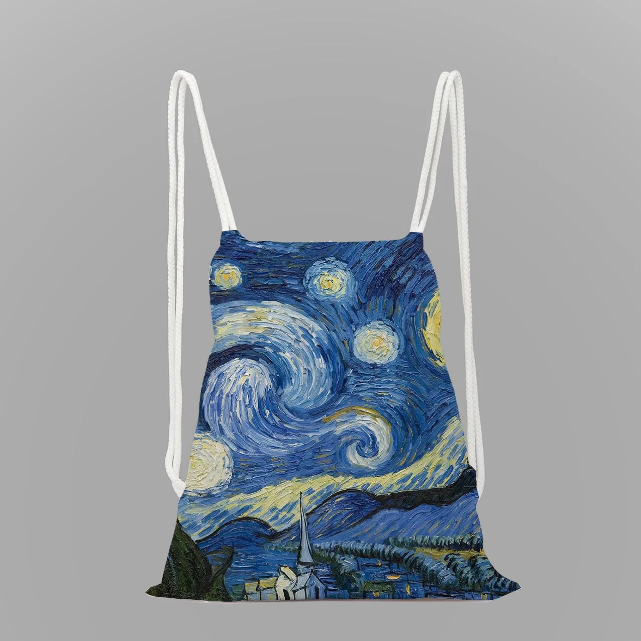 Impressionist oil painting rope drawstring pocket leisure backpack youth storage bag women men travel bag