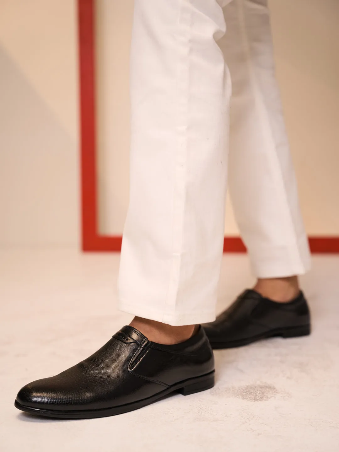 Men Black Genuine Leather Broad Feet Formal Slip On Shoe|Work Wear|Comfort for Office|Anti Skid Sole