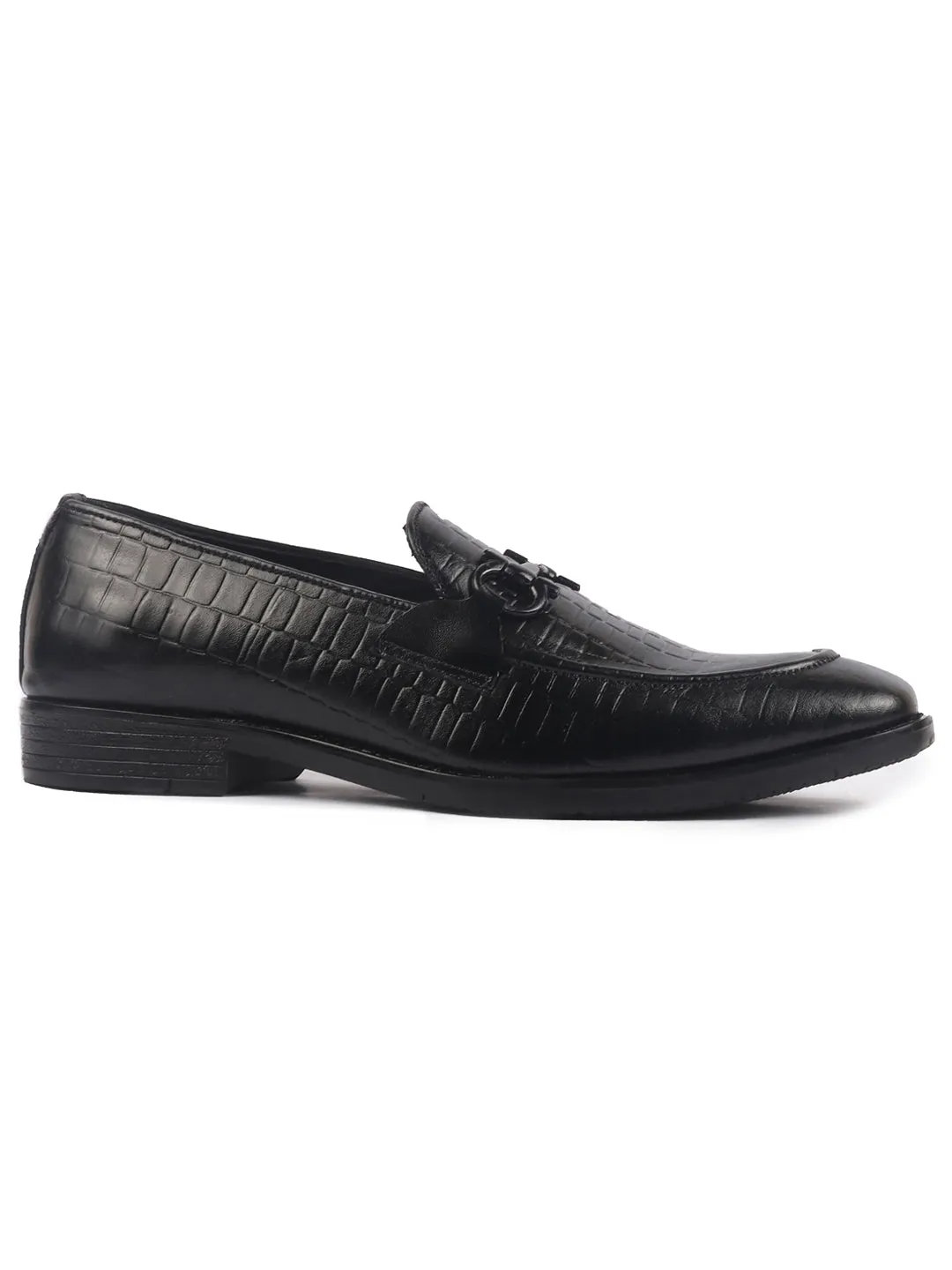 Men Black Genuine Leather Horsebit Buckle Textured Office Formal Slip On Shoes|Slip Resistant Sole with Memory Cushioned