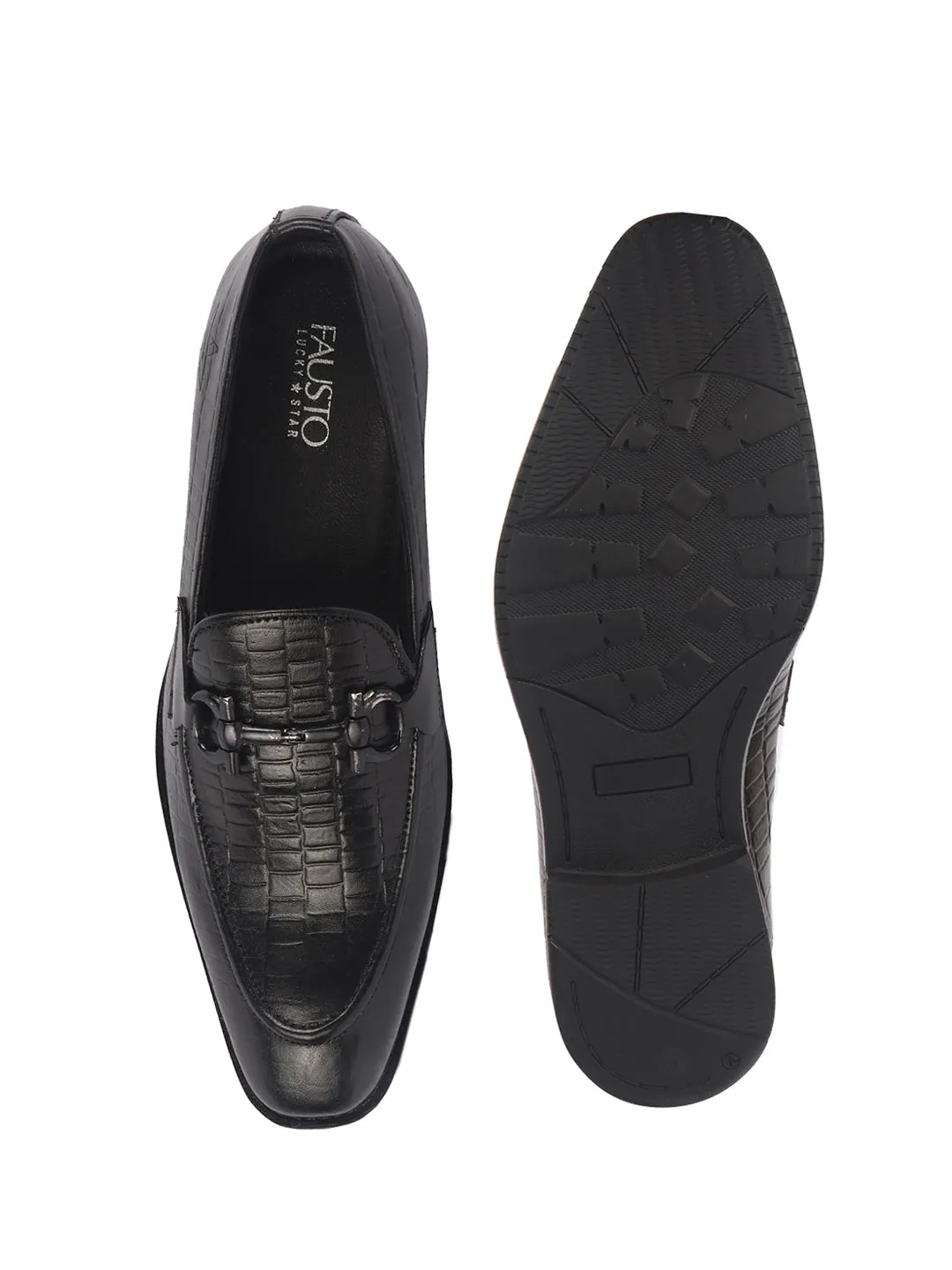 Men Black Genuine Leather Horsebit Buckle Textured Office Formal Slip On Shoes|Slip Resistant Sole with Memory Cushioned