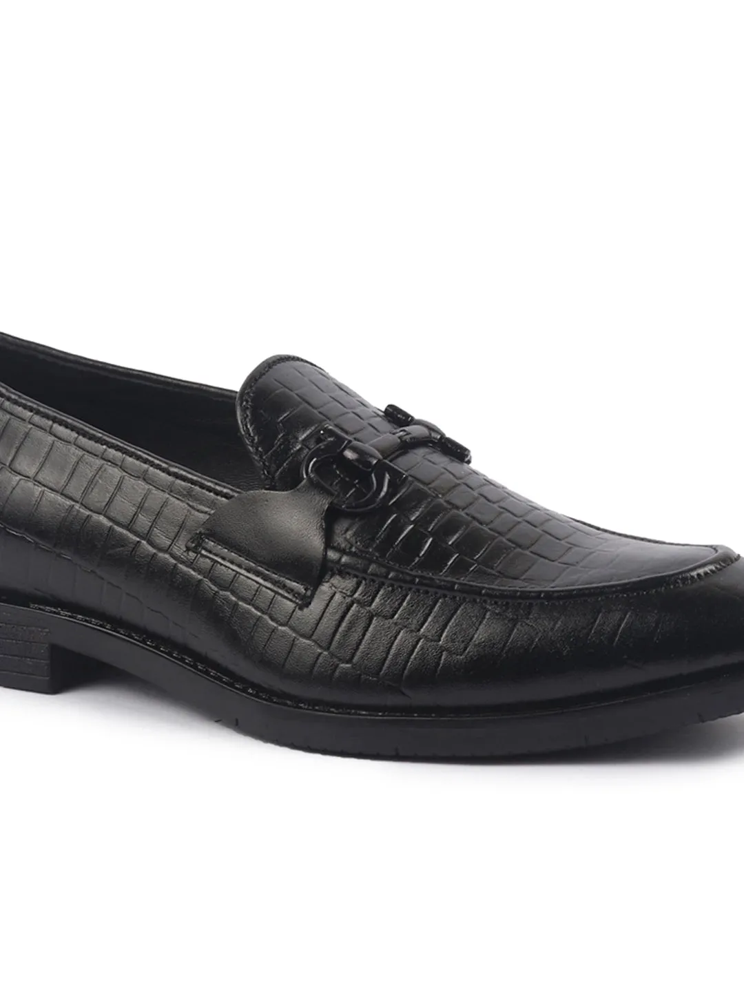 Men Black Genuine Leather Horsebit Buckle Textured Office Formal Slip On Shoes|Slip Resistant Sole with Memory Cushioned