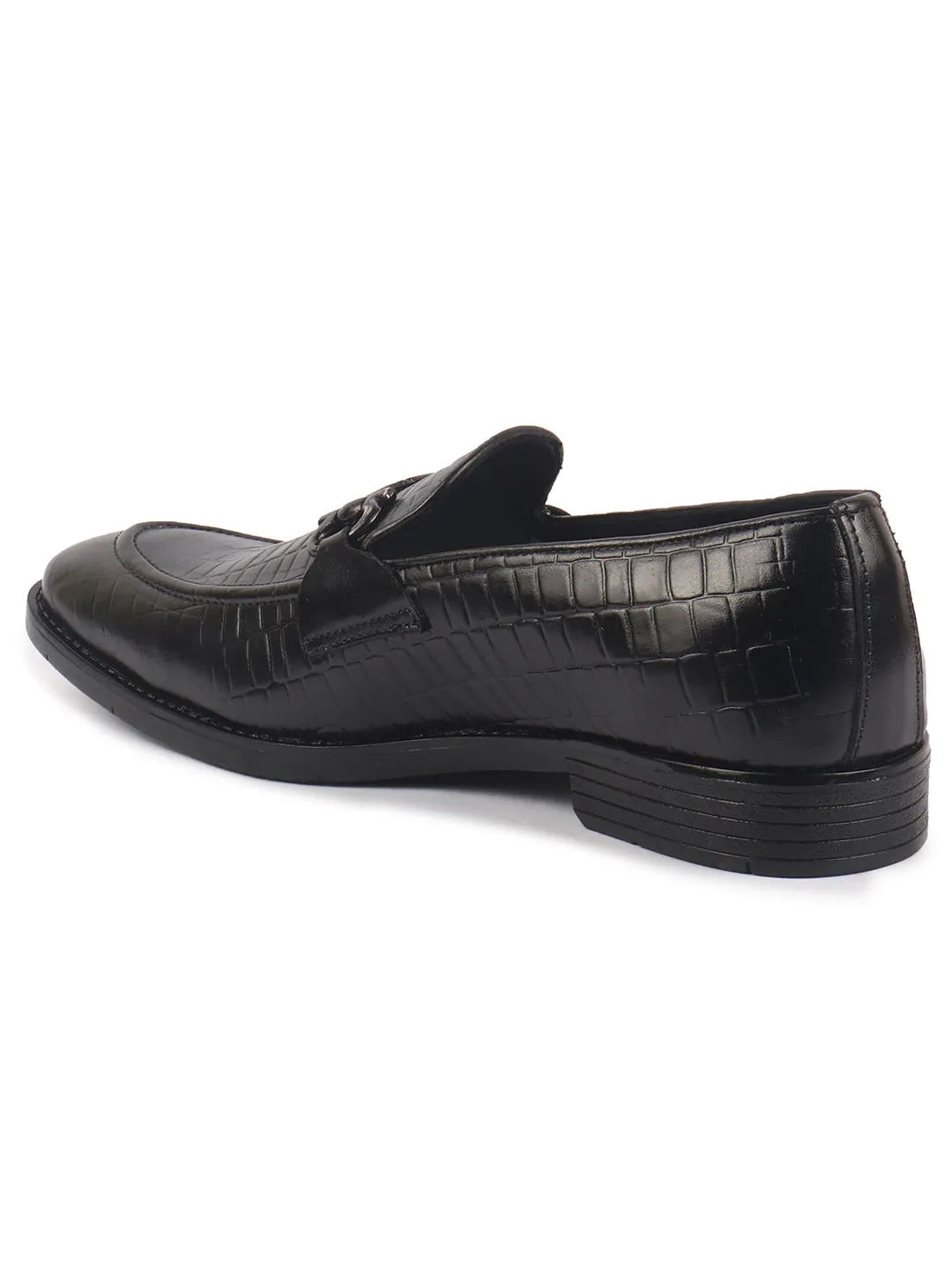 Men Black Genuine Leather Horsebit Buckle Textured Office Formal Slip On Shoes|Slip Resistant Sole with Memory Cushioned