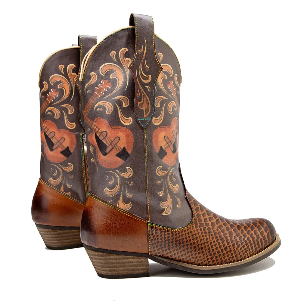 Pointy Leather Mid-Calf Country Western Boots