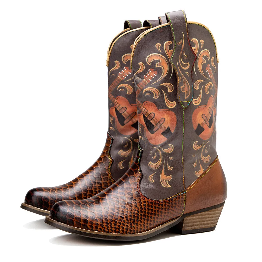 Pointy Leather Mid-Calf Country Western Boots