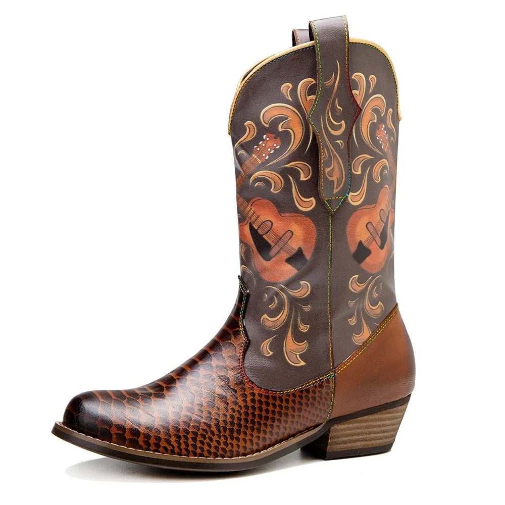 Pointy Leather Mid-Calf Country Western Boots