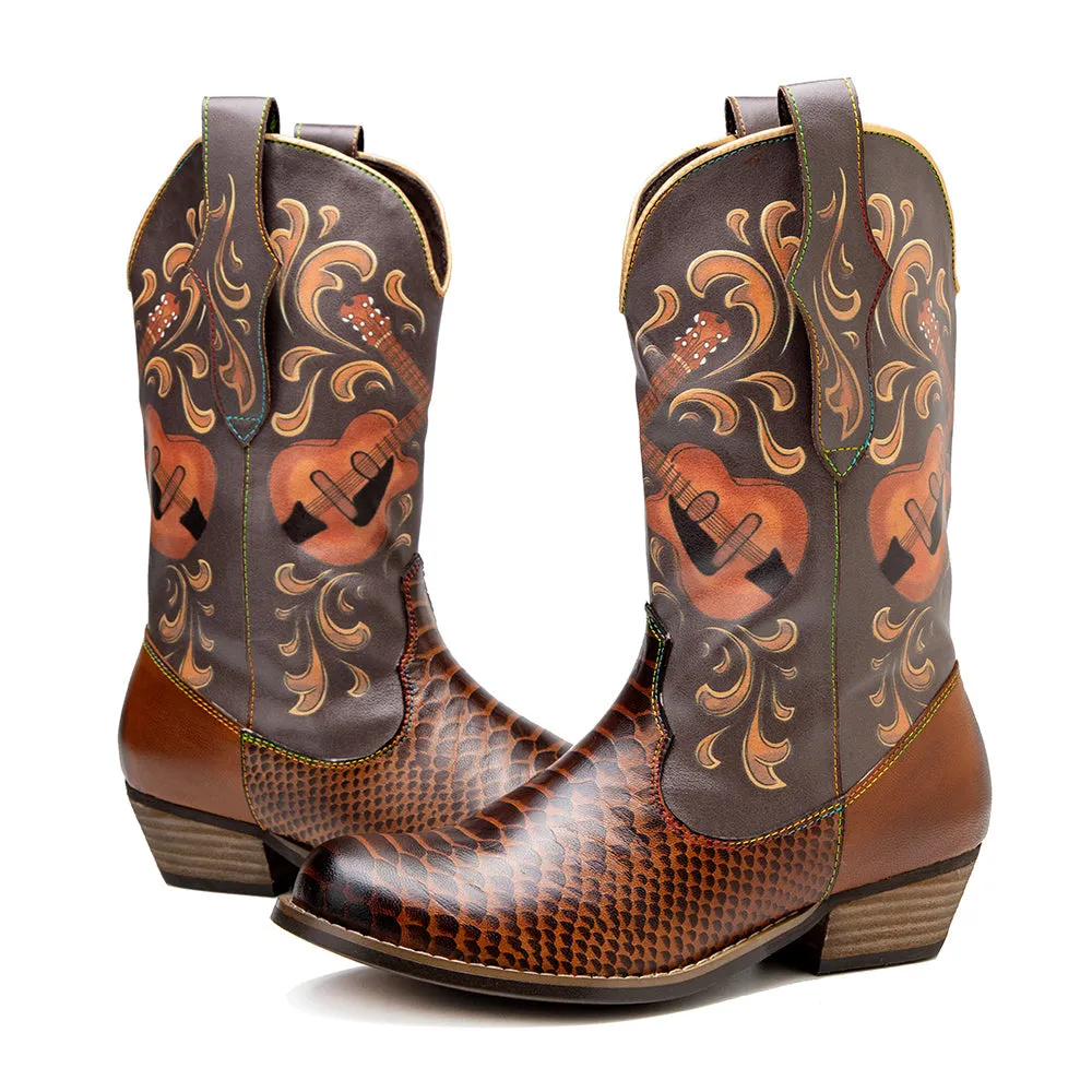Pointy Leather Mid-Calf Country Western Boots