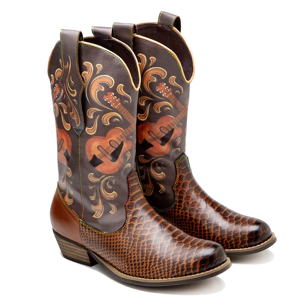 Pointy Leather Mid-Calf Country Western Boots