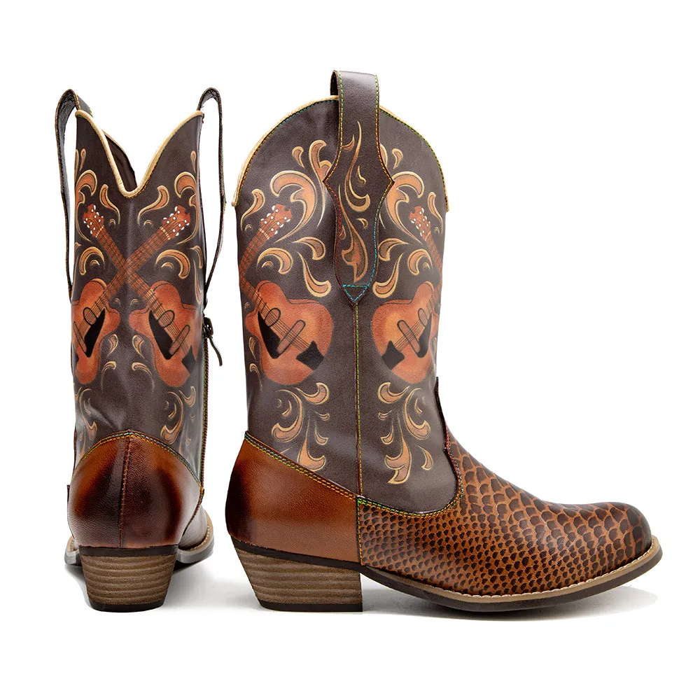 Pointy Leather Mid-Calf Country Western Boots