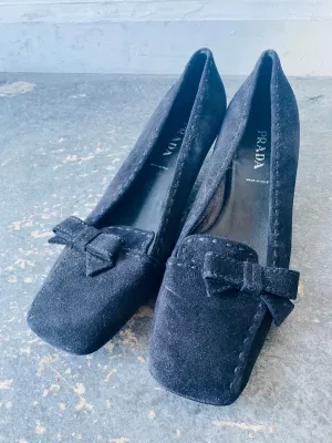 Prada Black Suede Square Toe Kitten Heels 7.5