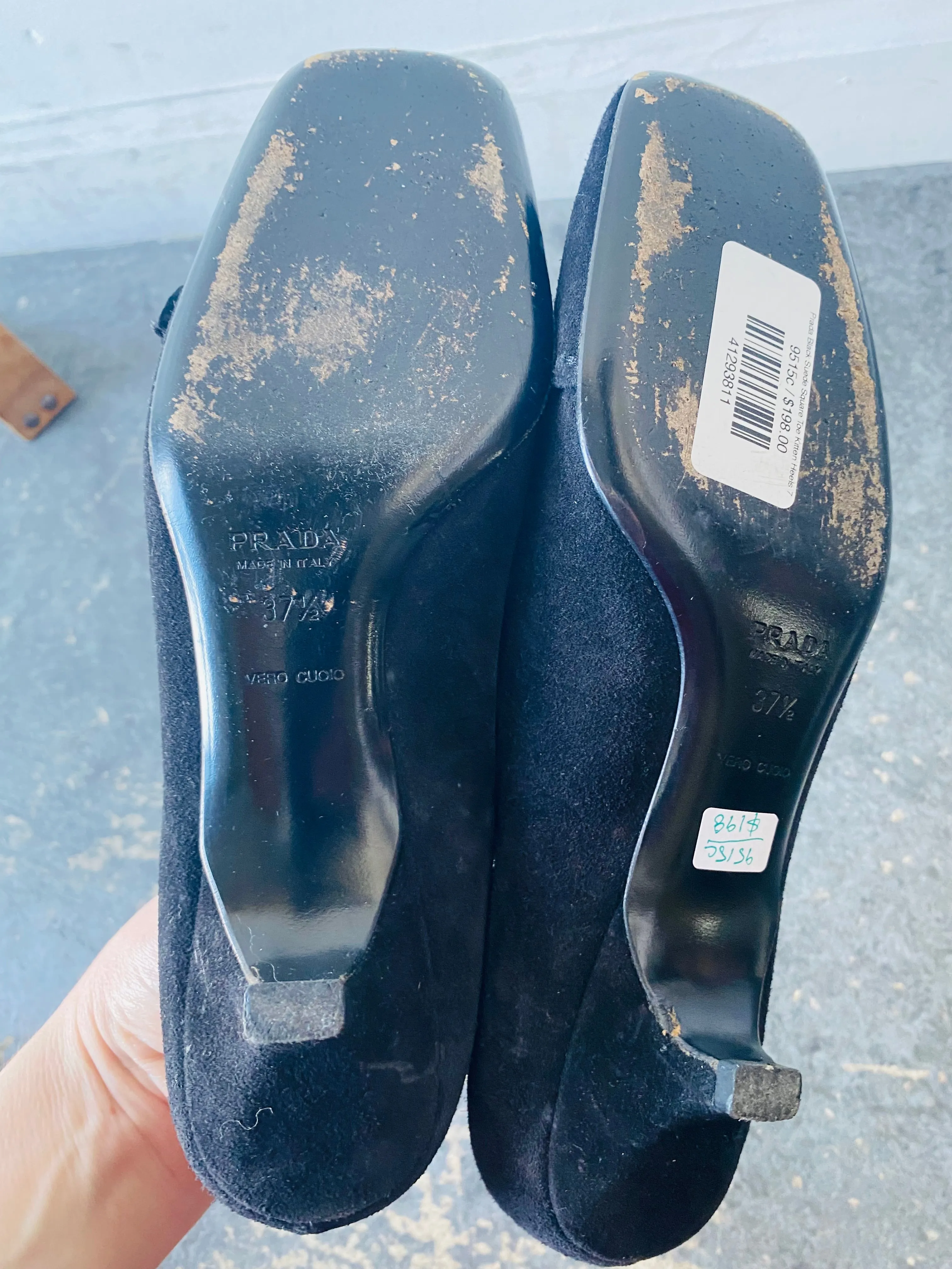 Prada Black Suede Square Toe Kitten Heels 7.5